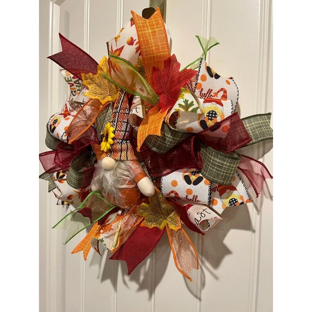 13 inch Ribbon Wreath Fall Autumn Thanksgiving Gnome MW5